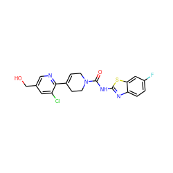 O=C(Nc1nc2ccc(F)cc2s1)N1CC=C(c2ncc(CO)cc2Cl)CC1 ZINC000141061416