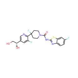 O=C(Nc1nc2ccc(F)cc2s1)N1CCC(F)(c2ncc([C@H](O)CO)cc2F)CC1 ZINC000141053809