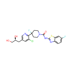 O=C(Nc1nc2ccc(F)cc2s1)N1CCC(F)(c2ncc(C[C@H](O)CO)cc2Cl)CC1 ZINC000169710879