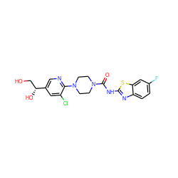 O=C(Nc1nc2ccc(F)cc2s1)N1CCN(c2ncc([C@H](O)CO)cc2Cl)CC1 ZINC000145830407