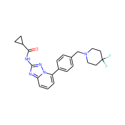 O=C(Nc1nc2cccc(-c3ccc(CN4CCC(F)(F)CC4)cc3)n2n1)C1CC1 ZINC000096174625