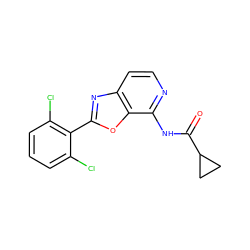 O=C(Nc1nccc2nc(-c3c(Cl)cccc3Cl)oc12)C1CC1 ZINC001772584369