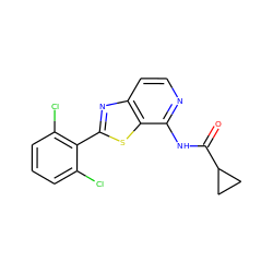 O=C(Nc1nccc2nc(-c3c(Cl)cccc3Cl)sc12)C1CC1 ZINC000114602505