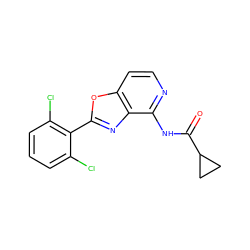 O=C(Nc1nccc2oc(-c3c(Cl)cccc3Cl)nc12)C1CC1 ZINC001772654160