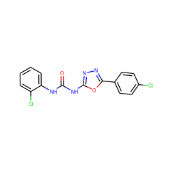 O=C(Nc1nnc(-c2ccc(Cl)cc2)o1)Nc1ccccc1Cl ZINC000002663421