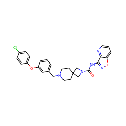 O=C(Nc1noc2cccnc12)N1CC2(CCN(Cc3cccc(Oc4ccc(Cl)cc4)c3)CC2)C1 ZINC000103263329