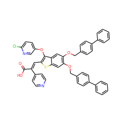 O=C(O)/C(=C/c1sc2cc(OCc3ccc(-c4ccccc4)cc3)c(OCc3ccc(-c4ccccc4)cc3)cc2c1Oc1ccc(Cl)nc1)c1ccncc1 ZINC000095615337