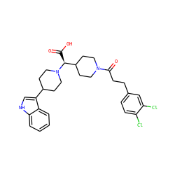 O=C(O)[C@@H](C1CCN(C(=O)CCc2ccc(Cl)c(Cl)c2)CC1)N1CCC(c2c[nH]c3ccccc23)CC1 ZINC000028824863