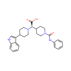 O=C(O)[C@@H](C1CCN(C(=O)Nc2ccccc2)CC1)N1CCC(c2c[nH]c3ccccc23)CC1 ZINC000028824851