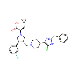 O=C(O)[C@@H](CC1CC1)N1C[C@H](CN2CCC(c3nc(Cc4ccccc4)[nH]c3Cl)CC2)[C@@H](c2cccc(F)c2)C1 ZINC000042893549