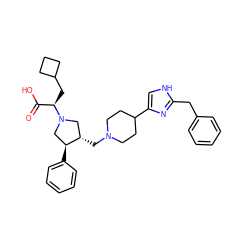 O=C(O)[C@@H](CC1CCC1)N1C[C@H](CN2CCC(c3c[nH]c(Cc4ccccc4)n3)CC2)[C@@H](c2ccccc2)C1 ZINC000095607386