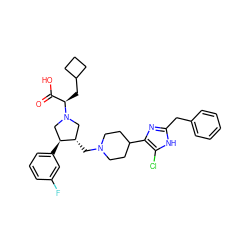 O=C(O)[C@@H](CC1CCC1)N1C[C@H](CN2CCC(c3nc(Cc4ccccc4)[nH]c3Cl)CC2)[C@@H](c2cccc(F)c2)C1 ZINC000058609175