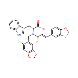 O=C(O)[C@@H](Cc1c[nH]c2ccccc12)N(Cc1cc2c(cc1Cl)OCO2)C(=O)/C=C/c1ccc2c(c1)OCO2 ZINC000027644080