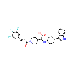 O=C(O)[C@@H](N[C@H]1CC[C@H](c2c[nH]c3ccccc32)CC1)C1CCN(C(=O)/C=C/c2cc(F)c(F)c(F)c2)CC1 ZINC000261141069