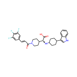 O=C(O)[C@@H](NC1CCC(c2c[nH]c3ccccc23)CC1)C1CCN(C(=O)/C=C/c2cc(F)c(F)c(F)c2)CC1 ZINC000073195680