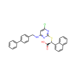 O=C(O)[C@@H](Sc1nc(Cl)cc(NCc2ccc(-c3ccccc3)cc2)n1)c1cccc2ccccc12 ZINC000066074942