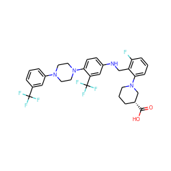 O=C(O)[C@@H]1CCCN(c2cccc(F)c2CNc2ccc(N3CCN(c4cccc(C(F)(F)F)c4)CC3)c(C(F)(F)F)c2)C1 ZINC000027859636