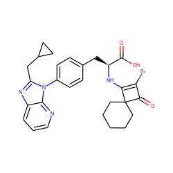 O=C(O)[C@H](Cc1ccc(-n2c(CC3CC3)nc3cccnc32)cc1)NC1=C(Br)C(=O)C12CCCCC2 ZINC000100077496