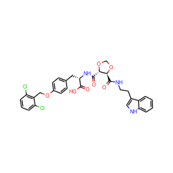 O=C(O)[C@H](Cc1ccc(OCc2c(Cl)cccc2Cl)cc1)NC(=O)[C@@H]1OCO[C@H]1C(=O)NCCc1c[nH]c2ccccc12 ZINC000058581997