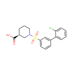 O=C(O)[C@H]1CCCN(S(=O)(=O)c2cccc(-c3ccccc3Cl)c2)C1 ZINC000095556585