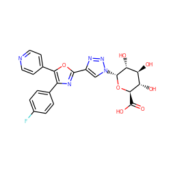 O=C(O)[C@H]1O[C@H](n2cc(-c3nc(-c4ccc(F)cc4)c(-c4ccncc4)o3)nn2)[C@H](O)[C@@H](O)[C@@H]1O ZINC000103258477