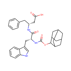 O=C(O)C[C@@H](Cc1ccccc1)NC(=O)[C@@H](Cc1c[nH]c2ccccc12)NC(=O)OC1C2CC3CC(C2)CC1C3 ZINC000029342118