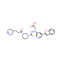 O=C(O)C[C@@H](NC(=O)[C@@H]1CCCN(C(=O)CCC2CCNCC2)C1)c1cncc(-c2cc3ccccc3o2)c1 ZINC000013803145