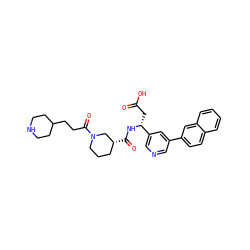 O=C(O)C[C@@H](NC(=O)[C@@H]1CCCN(C(=O)CCC2CCNCC2)C1)c1cncc(-c2ccc3ccccc3c2)c1 ZINC000027563561