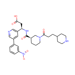 O=C(O)C[C@@H](NC(=O)[C@@H]1CCCN(C(=O)CCC2CCNCC2)C1)c1cncc(-c2cccc([N+](=O)[O-])c2)c1 ZINC000027563468