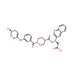 O=C(O)C[C@@H](NC(=O)C1CCN(C(=O)c2cccc(NC3=CC[C@H](O)CN3)c2)CC1)c1cnc2ccccc2c1 ZINC000100057640