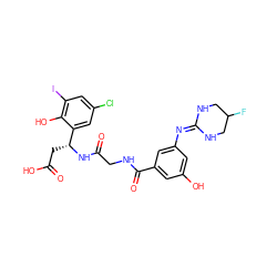 O=C(O)C[C@@H](NC(=O)CNC(=O)c1cc(O)cc(N=C2NCC(F)CN2)c1)c1cc(Cl)cc(I)c1O ZINC000058685757