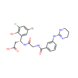 O=C(O)C[C@@H](NC(=O)CNC(=O)c1cccc(NC2=NCCCN2)c1)c1cc(Br)cc(Cl)c1O ZINC000028714250