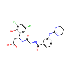 O=C(O)C[C@@H](NC(=O)CNC(=O)c1cccc(NC2=NCCCN2)c1)c1cc(Cl)cc(Cl)c1O ZINC000096318551