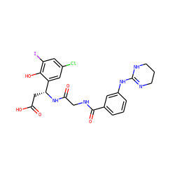 O=C(O)C[C@@H](NC(=O)CNC(=O)c1cccc(NC2=NCCCN2)c1)c1cc(Cl)cc(I)c1O ZINC000028714288