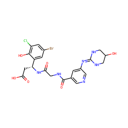 O=C(O)C[C@@H](NC(=O)CNC(=O)c1cncc(N=C2NCC(O)CN2)c1)c1cc(Br)cc(Cl)c1O ZINC000028714268