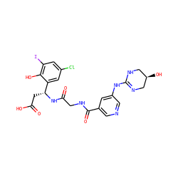 O=C(O)C[C@@H](NC(=O)CNC(=O)c1cncc(NC2=NC[C@H](O)CN2)c1)c1cc(Cl)cc(I)c1O ZINC000028714297