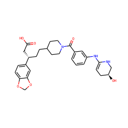 O=C(O)C[C@H](CCC1CCN(C(=O)c2cccc(NC3=CC[C@H](O)CN3)c2)CC1)c1ccc2c(c1)OCO2 ZINC000100057663