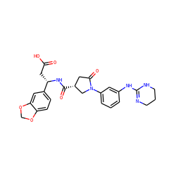 O=C(O)C[C@H](NC(=O)[C@@H]1CC(=O)N(c2cccc(NC3=NCCCN3)c2)C1)c1ccc2c(c1)OCO2 ZINC000026735118