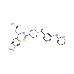 O=C(O)C[C@H](NC(=O)C1CCN(C(=O)c2cccc(NC3=CCCCN3)c2)CC1)c1ccc2c(c1)OCO2 ZINC000100057687