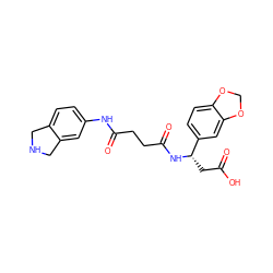 O=C(O)C[C@H](NC(=O)CCC(=O)Nc1ccc2c(c1)CNC2)c1ccc2c(c1)OCO2 ZINC000058506250