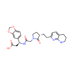 O=C(O)C[C@H](NC(=O)CN1CC[C@H](CCc2ccc3c(n2)NCCC3)C1=O)c1ccc2c(c1)OCO2 ZINC000013436082