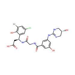 O=C(O)C[C@H](NC(=O)CNC(=O)c1cc(O)cc(NC2=NC[C@@H](O)CN2)c1)c1cc(Cl)cc(Br)c1O ZINC000003941808