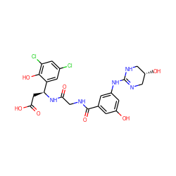 O=C(O)C[C@H](NC(=O)CNC(=O)c1cc(O)cc(NC2=NC[C@@H](O)CN2)c1)c1cc(Cl)cc(Cl)c1O ZINC000003941809