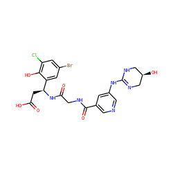 O=C(O)C[C@H](NC(=O)CNC(=O)c1cncc(NC2=NC[C@H](O)CN2)c1)c1cc(Br)cc(Cl)c1O ZINC000028714269