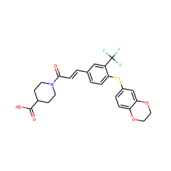 O=C(O)C1CCN(C(=O)/C=C/c2ccc(Sc3ccc4c(c3)OCCO4)c(C(F)(F)F)c2)CC1 ZINC000013470544