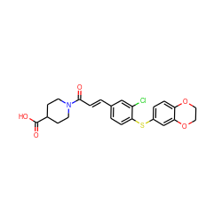 O=C(O)C1CCN(C(=O)/C=C/c2ccc(Sc3ccc4c(c3)OCCO4)c(Cl)c2)CC1 ZINC000013470539