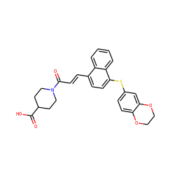 O=C(O)C1CCN(C(=O)/C=C/c2ccc(Sc3ccc4c(c3)OCCO4)c3ccccc23)CC1 ZINC000013470573