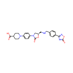 O=C(O)C1CCN(c2ccc(N3C[C@@H](CNCc4ccc(-c5noc(=O)[nH]5)cc4)OC3=O)cc2)CC1 ZINC000096271559