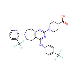 O=C(O)C1CCN(c2nc3c(c(Nc4ccc(C(F)(F)F)cc4)n2)CCN(c2ncccc2C(F)(F)F)CC3)CC1 ZINC000144873811