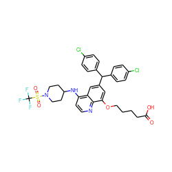 O=C(O)CCCCOc1cc(C(c2ccc(Cl)cc2)c2ccc(Cl)cc2)cc2c(NC3CCN(S(=O)(=O)C(F)(F)F)CC3)ccnc12 ZINC001772620333